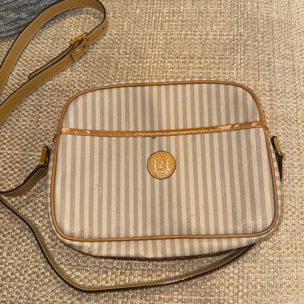 Authentic Vintage Fendi Beige Striped Crossbody Bag
